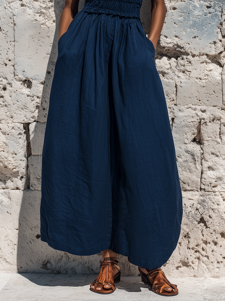 Women's Navy Linen-Blend Sleeveless Maxi Dress with Ruffled Neckline and Elastic Waist MDZ0332F3T