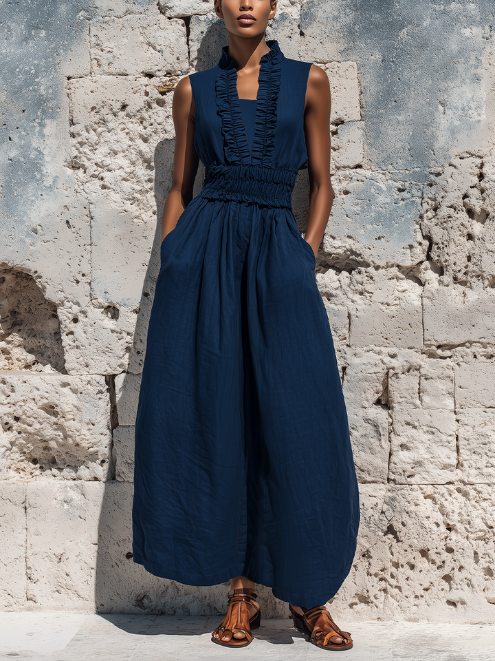 Women's Navy Linen-Blend Sleeveless Maxi Dress with Ruffled Neckline and Elastic Waist MDZ0332F3T