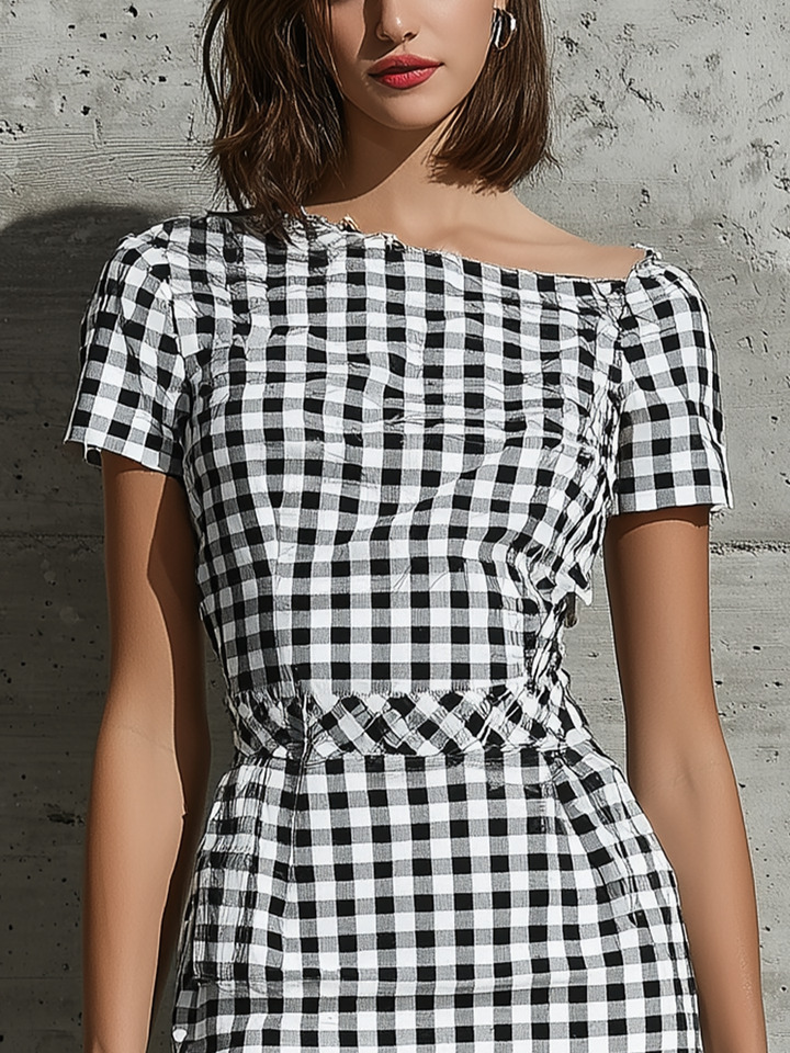 Women’s Black White Cotton Blend Gingham Off Shoulder Short Sleeve Ruched Waist Fringe Hem Mini Bodycon Dress MDZ0311F6T