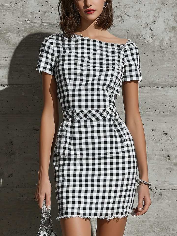 Women’s Black White Cotton Blend Gingham Off Shoulder Short Sleeve Ruched Waist Fringe Hem Mini Bodycon Dress MDZ0311F6T