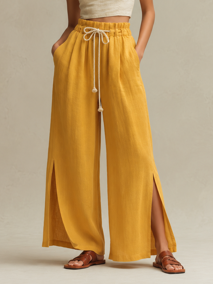 Women's Cotton-Linen Wide-Leg Trousers With Side Slits — Ginger Yellow MDZ0362F5ZJW