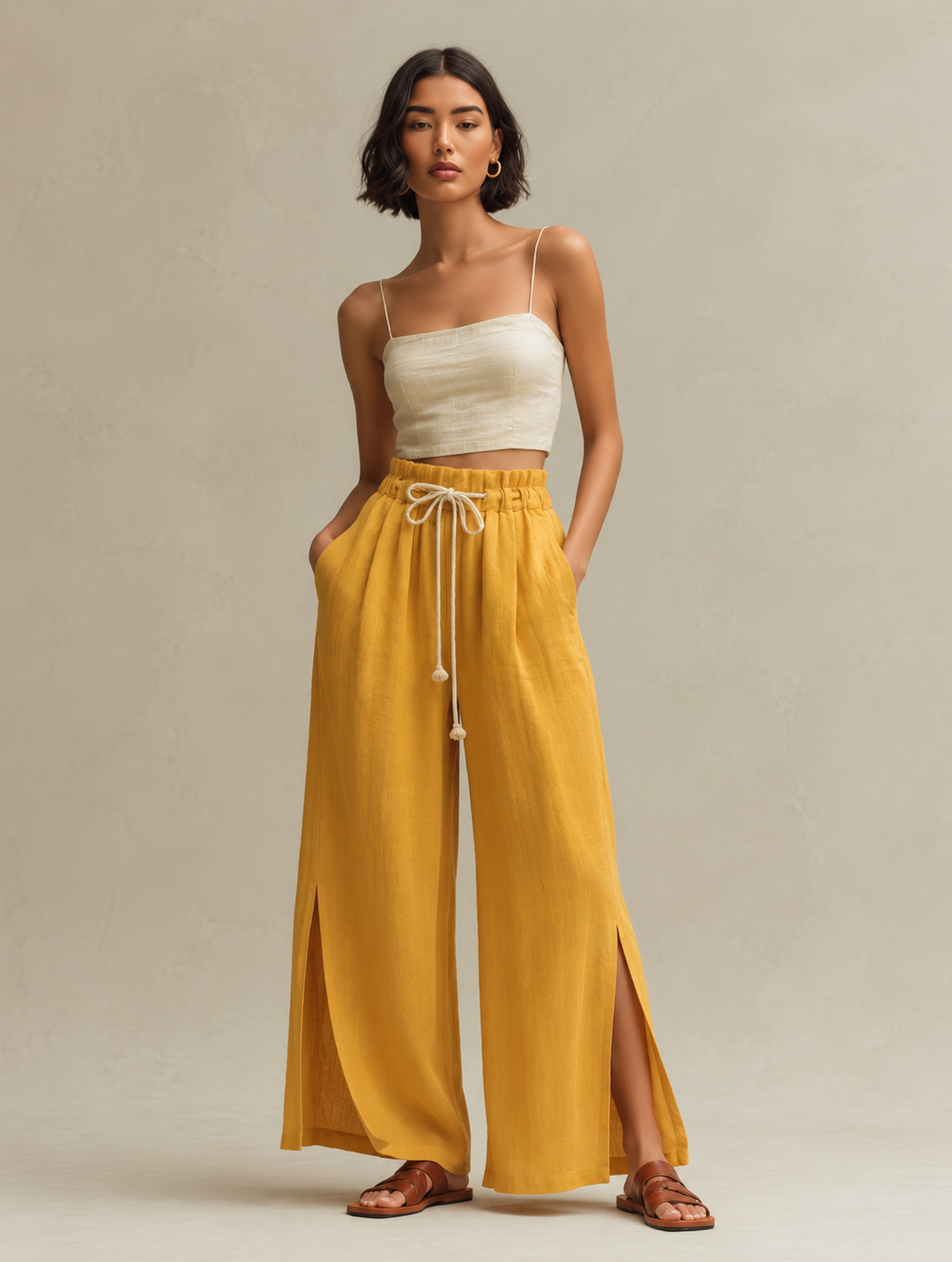 Women's Cotton-Linen Wide-Leg Trousers With Side Slits — Ginger Yellow MDZ0362F5ZJW
