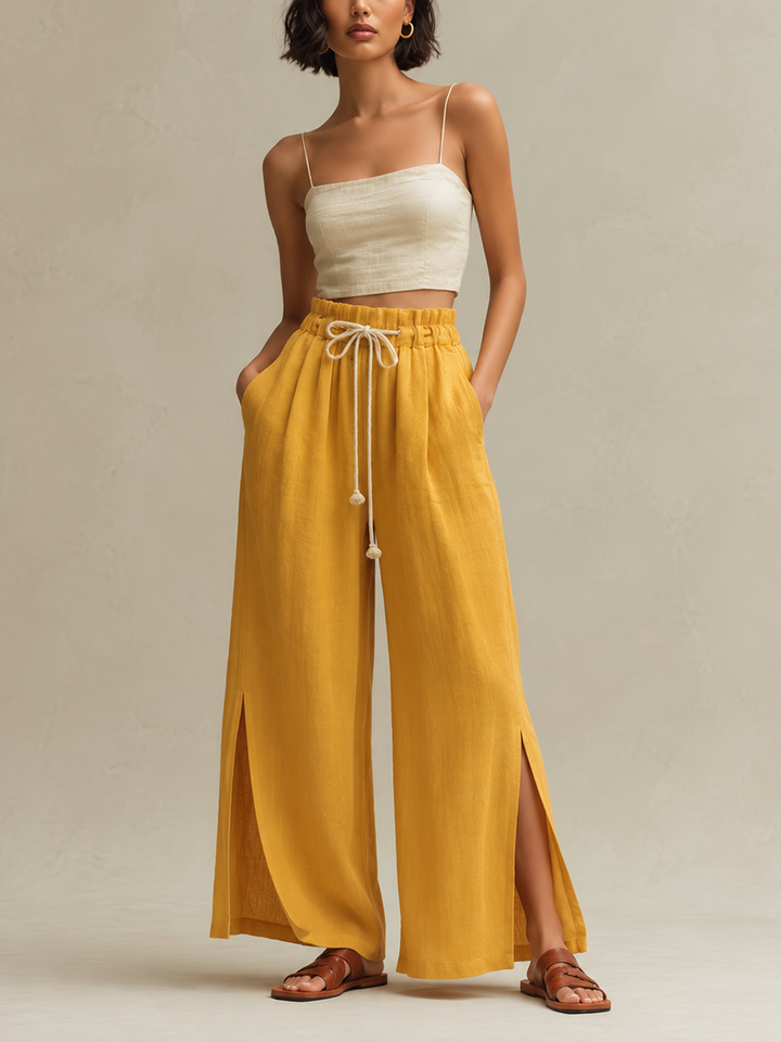 Women's Cotton-Linen Wide-Leg Trousers With Side Slits — Ginger Yellow MDZ0362F5ZJW