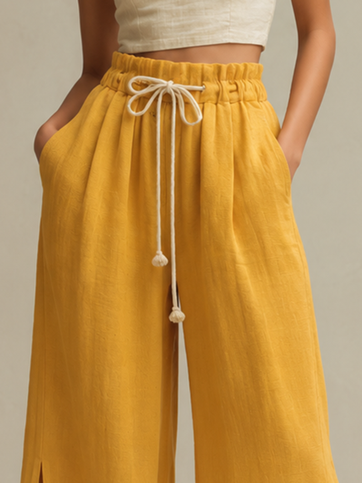 Women's Cotton-Linen Wide-Leg Trousers With Side Slits — Ginger Yellow MDZ0362F5ZJW