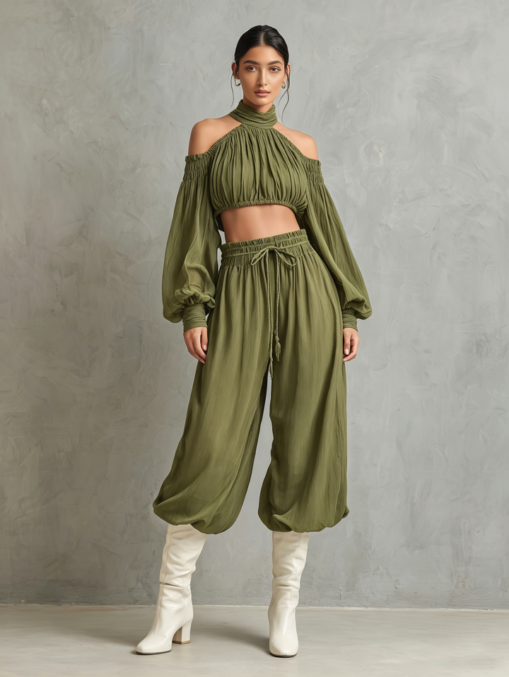 Women's Cotton-Linen Green High-Neck, Cold-Shoulder, Long-Sleeve Crop Top And Cropped Harem Pants Set MDZ0369F9ZJW