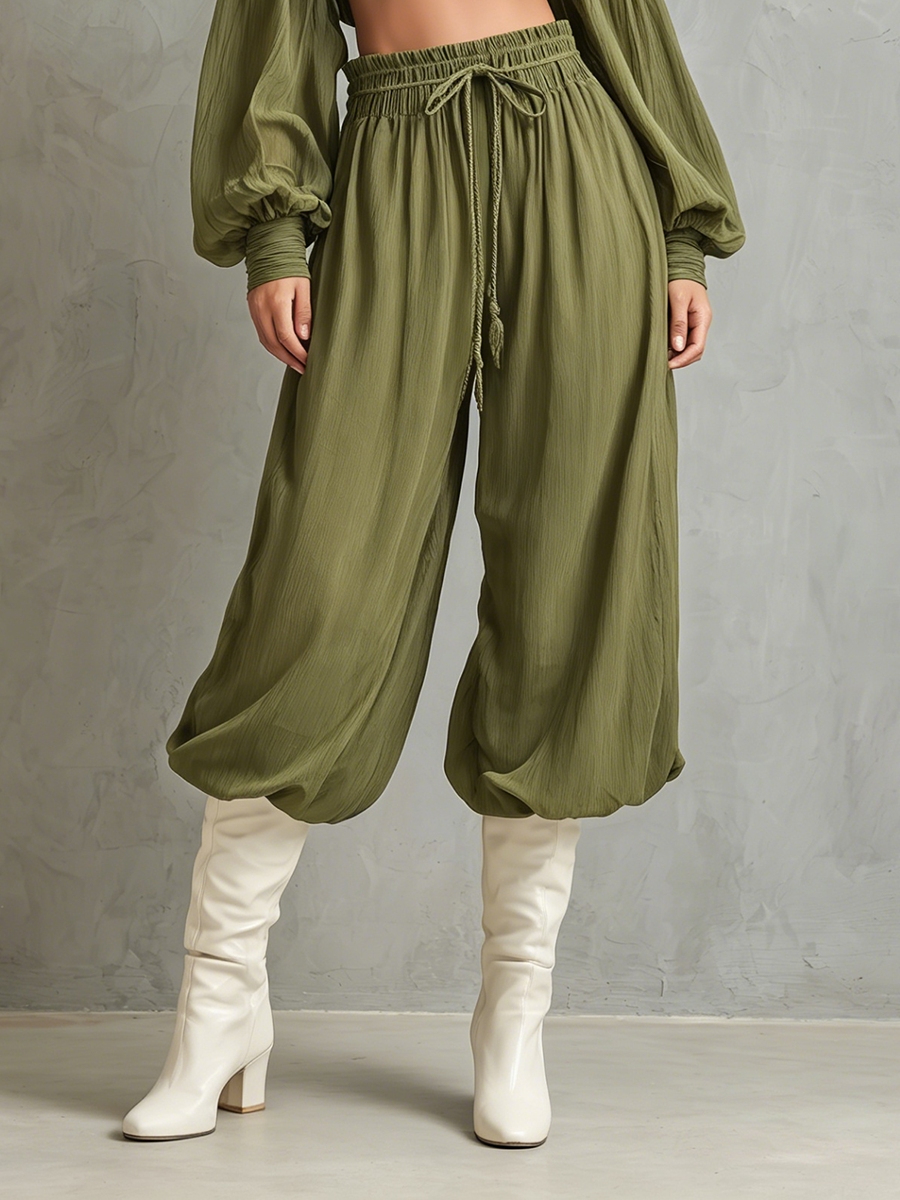 Women's Cotton-Linen Green High-Neck, Cold-Shoulder, Long-Sleeve Crop Top And Cropped Harem Pants Set MDZ0369F9ZJW