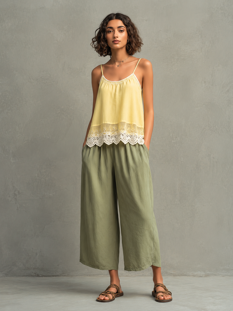 Women's Cotton-Linen Camisole Top With Lace Splicing & Cropped Wide-Leg Pants Set MDZ0390F0ZJW