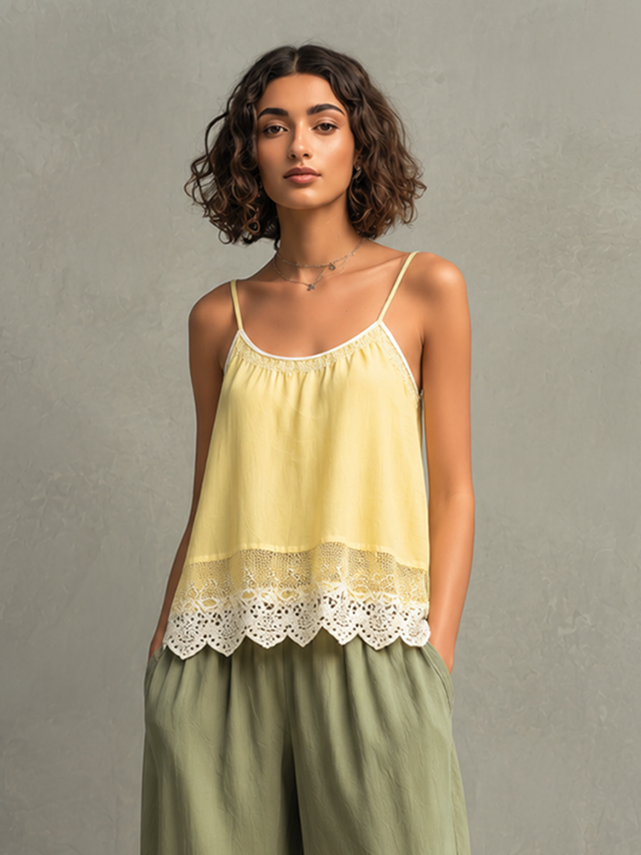 Women's Cotton-Linen Camisole Top With Lace Splicing & Cropped Wide-Leg Pants Set MDZ0390F0ZJW