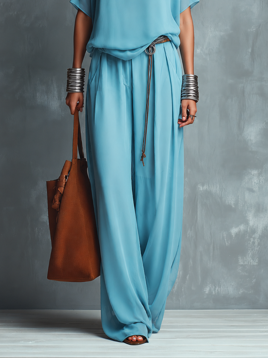 Women's Blue Chiffon Cowl-Neck Short-Sleeve Top And Wide-Leg Pants Set MDZ0317F0ZJW