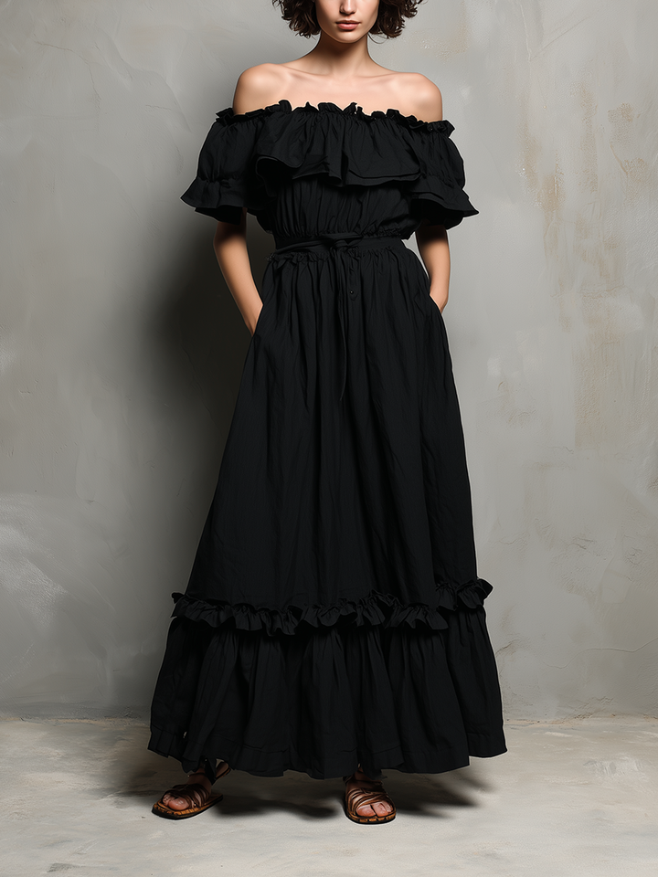 Women's Black Cotton-Linen Off-the-Shoulder Long A-Line Dress With Ruffles MDZ0382F3ZJW