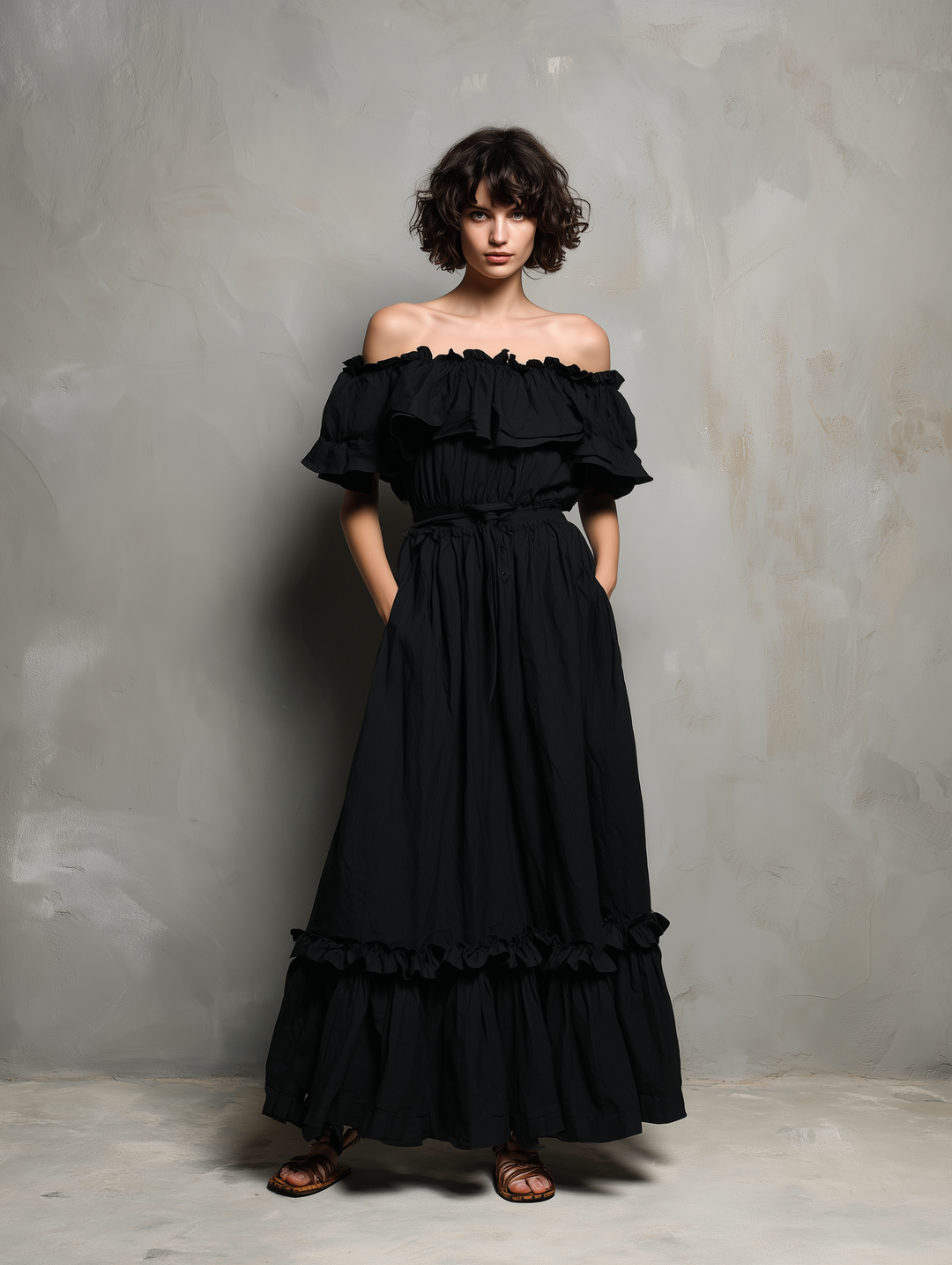 Women's Black Cotton-Linen Off-the-Shoulder Long A-Line Dress With Ruffles MDZ0382F3ZJW