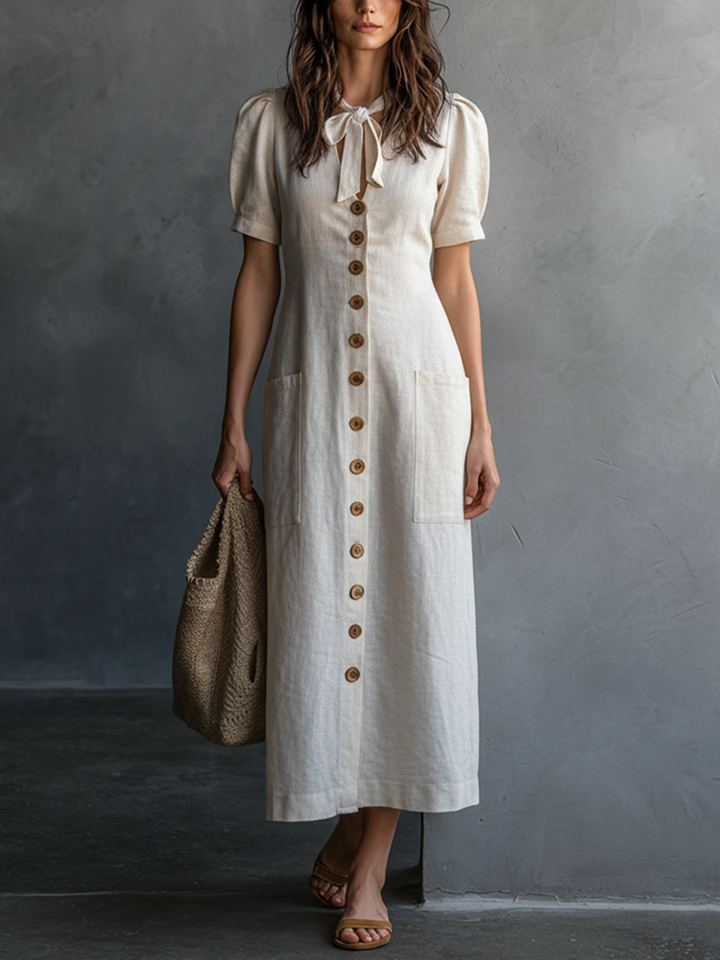 Women's French Casual Style Beige Linen Front Wooden Button Neck Tie Puff Sleeve Patch Pocket Maxi Dress MDZ0329F7GMJ