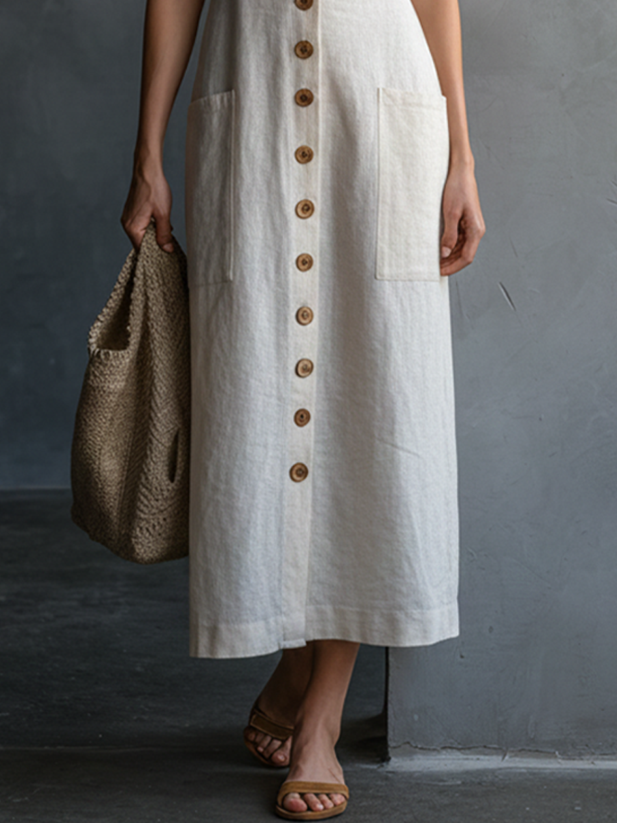 Women's French Casual Style Beige Linen Front Wooden Button Neck Tie Puff Sleeve Patch Pocket Maxi Dress MDZ0329F7GMJ