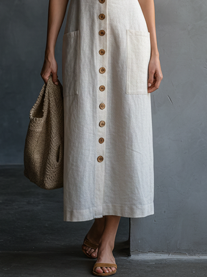 Women's French Casual Style Beige Linen Front Wooden Button Neck Tie Puff Sleeve Patch Pocket Maxi Dress MDZ0329F7GMJ