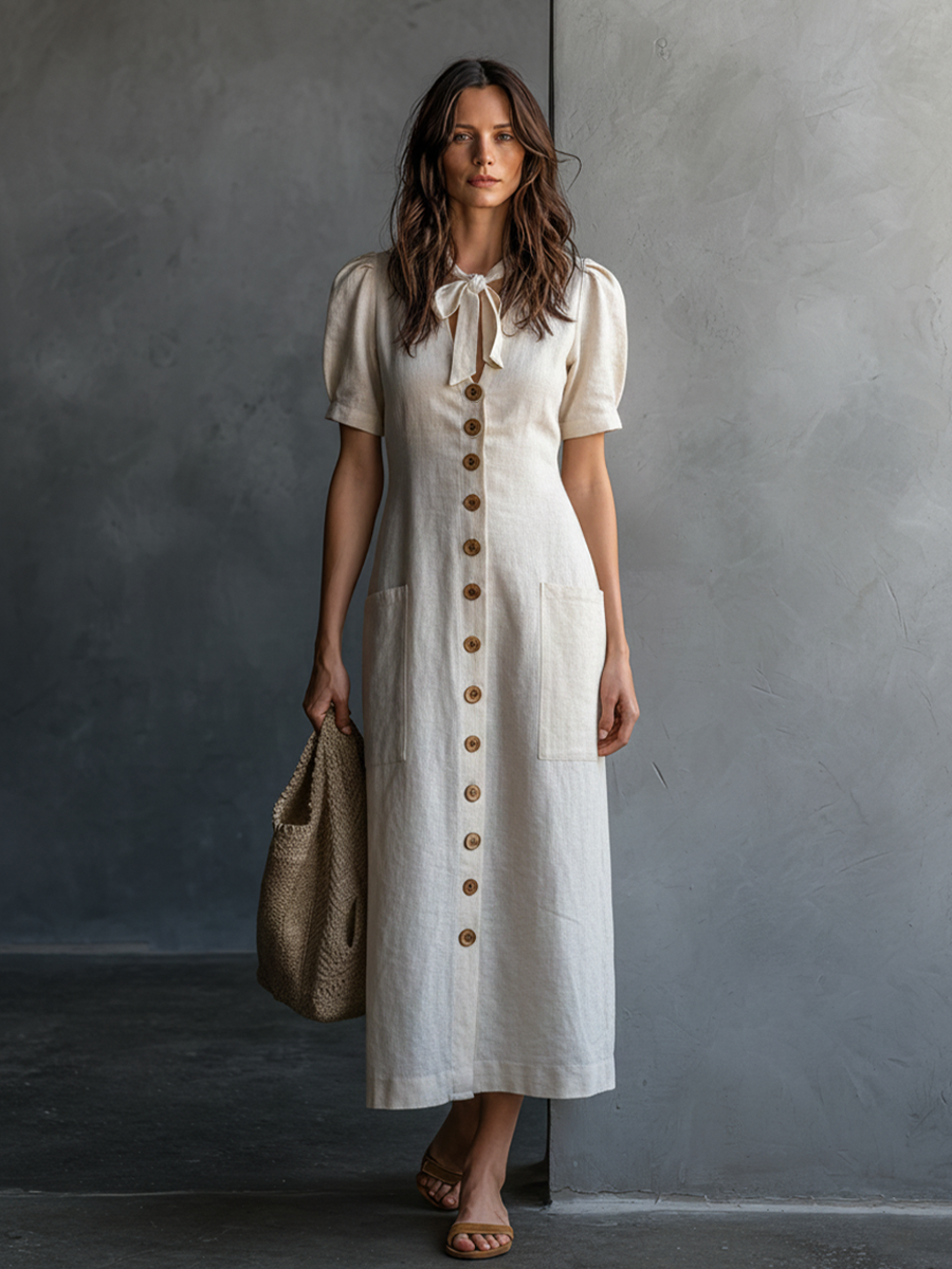 Women's French Casual Style Beige Linen Front Wooden Button Neck Tie Puff Sleeve Patch Pocket Maxi Dress MDZ0329F7GMJ