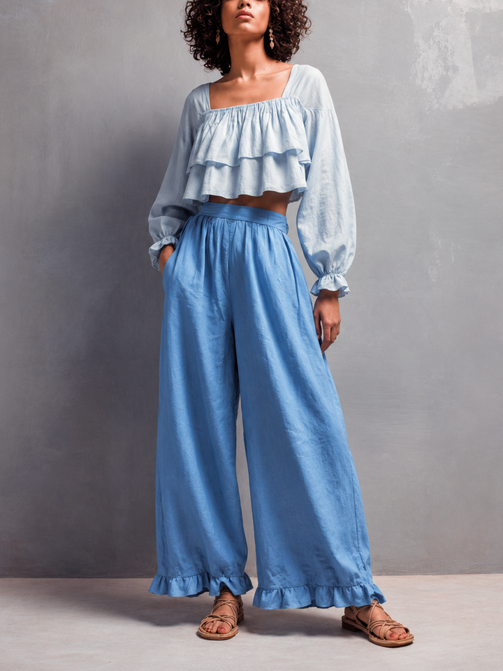 Women's Blue Cotton-Linen Set: Square-Neck, Puff-Sleeve Crop Top And Ruffled Wide-Leg Pants MDZ0398F7ZJW