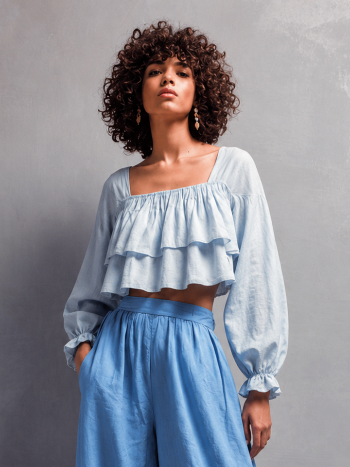 Women's Blue Cotton-Linen Set: Square-Neck, Puff-Sleeve Crop Top And Ruffled Wide-Leg Pants MDZ0398F7ZJW