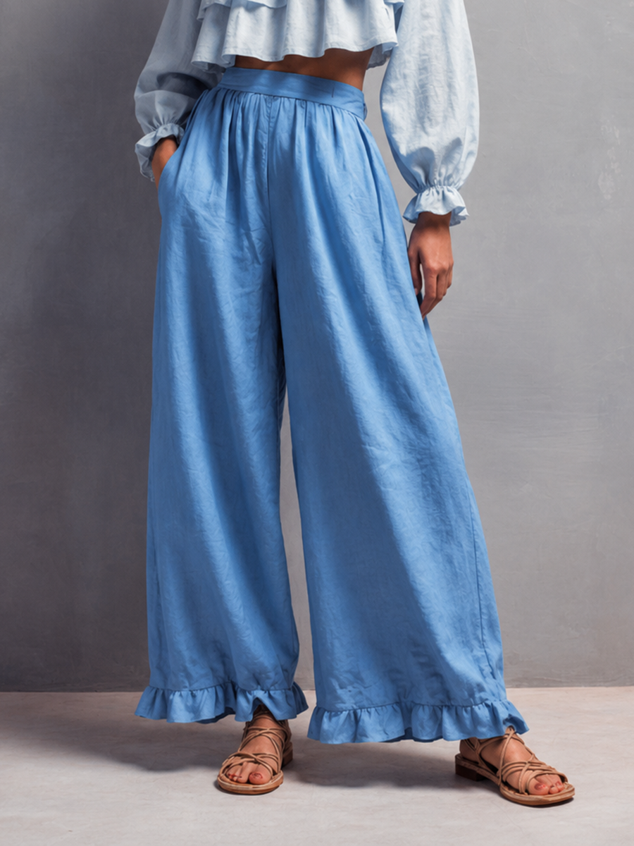 Women's Blue Cotton-Linen Set: Square-Neck, Puff-Sleeve Crop Top And Ruffled Wide-Leg Pants MDZ0398F7ZJW