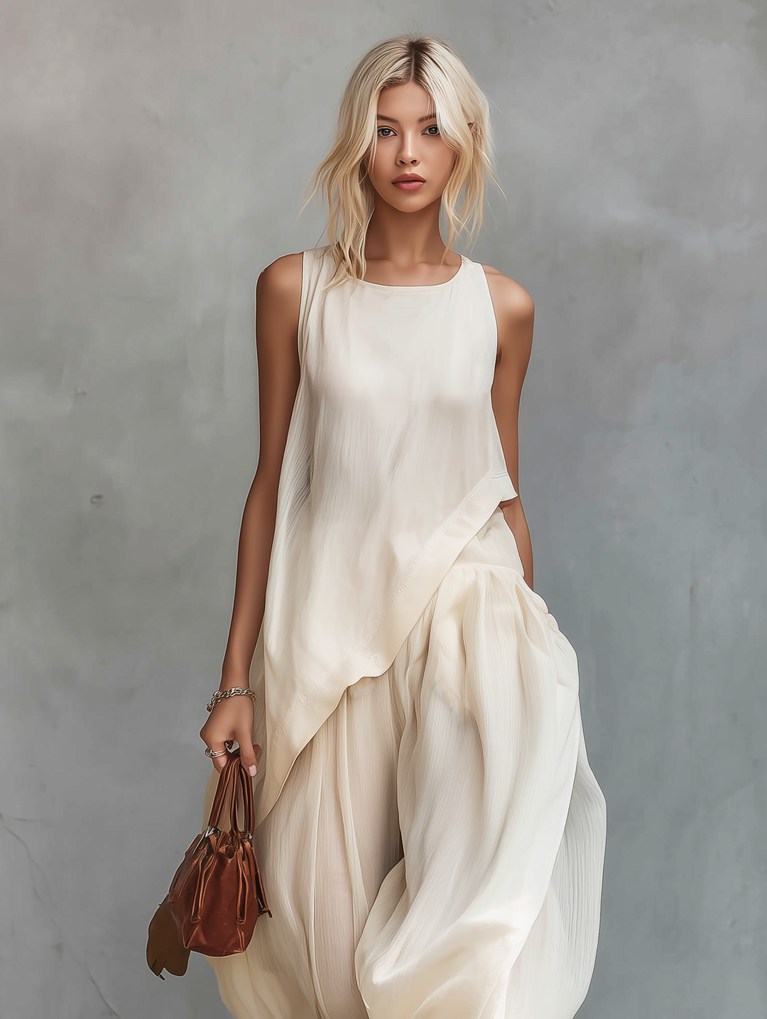 Women's Casual Off-White Chiffon Sleeveless Top With Round Neckline, Paired With Loose-Fitting Trousers MDZ0340F8LXY