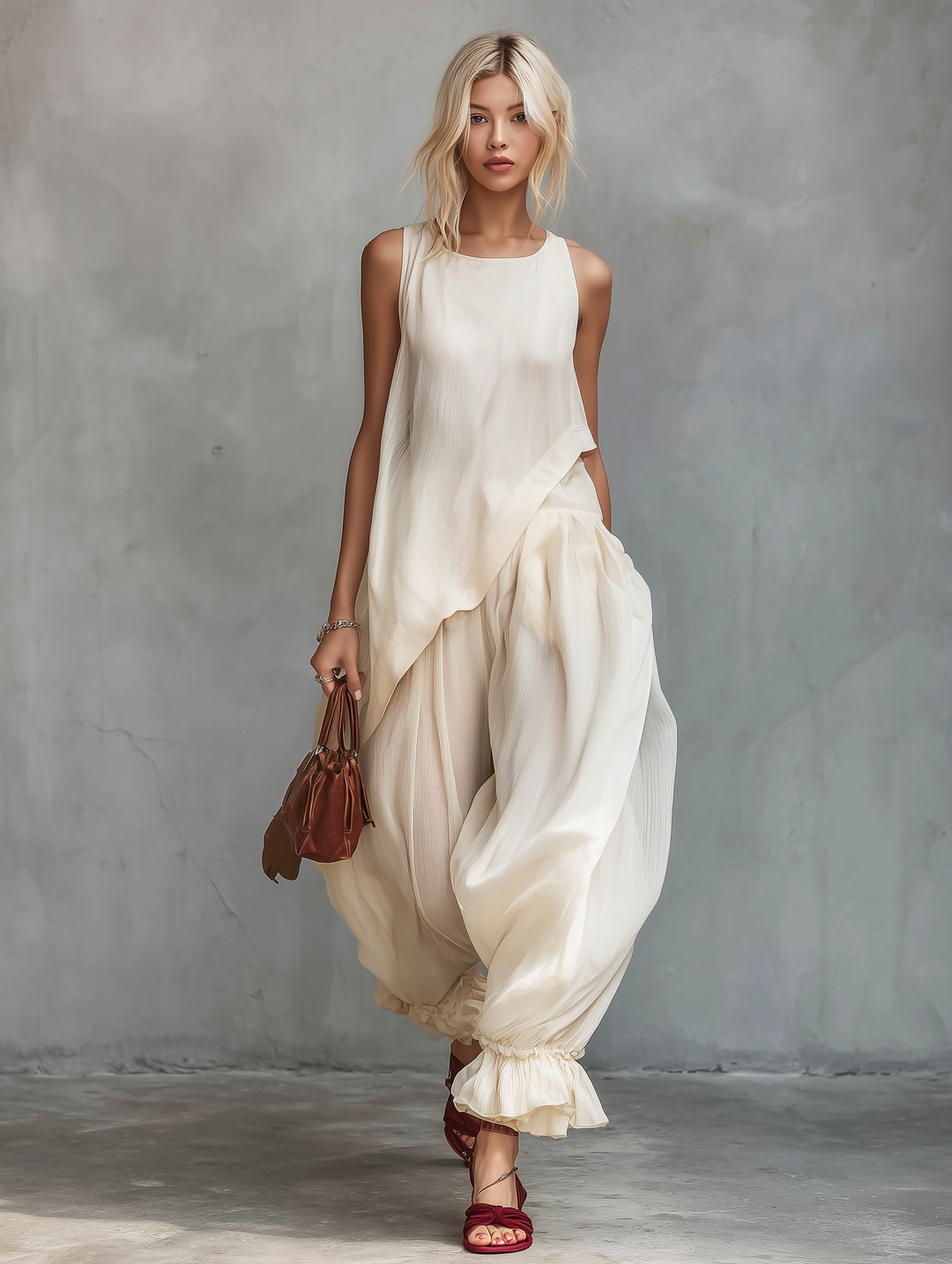 Women's Casual Off-White Chiffon Sleeveless Top With Round Neckline, Paired With Loose-Fitting Trousers MDZ0340F8LXY