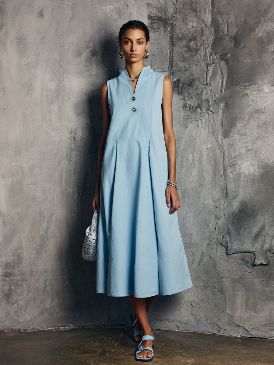 Women's Minimalist Commuter Style Light Blue Cotton Blend Stand Collar Split V Button Pleated Sleeveless Midi Dress MDZ0323F0GMJ