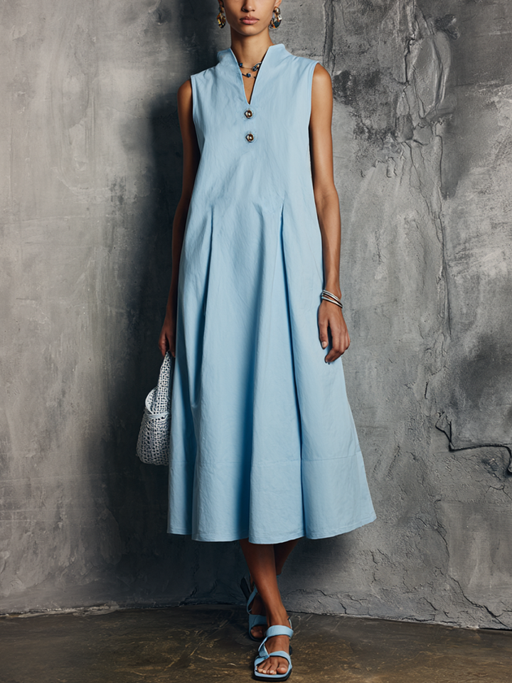 Women's Minimalist Commuter Style Light Blue Cotton Blend Stand Collar Split V Button Pleated Sleeveless Midi Dress MDZ0323F0GMJ