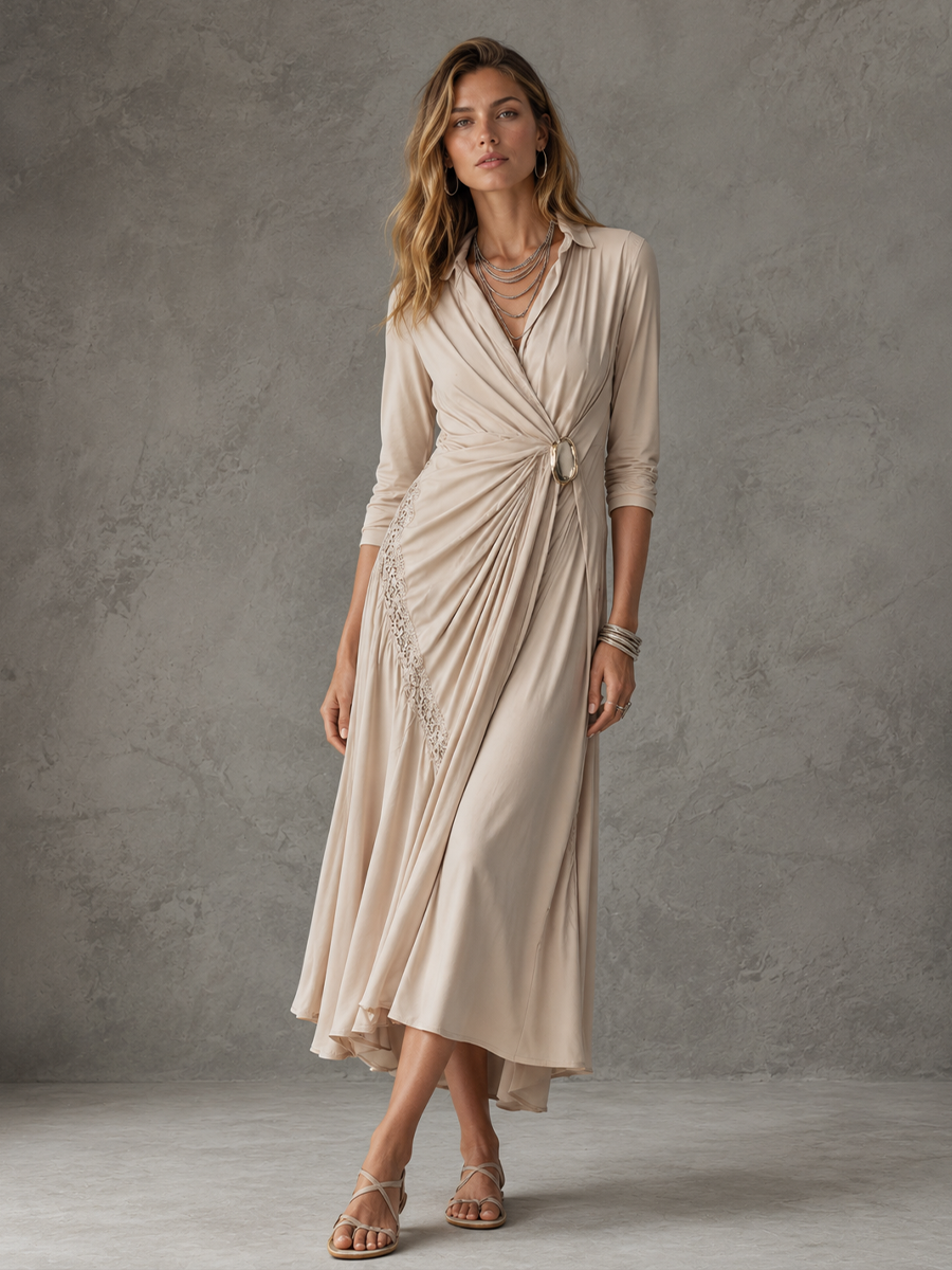 Women's Light Luxury Commuter Style Nude Knit Cotton Blend Lapel Wrap Twist Metal Buckle Lace Panel 3/4 Sleeve Midi Dress MDZ0319F7GMJ