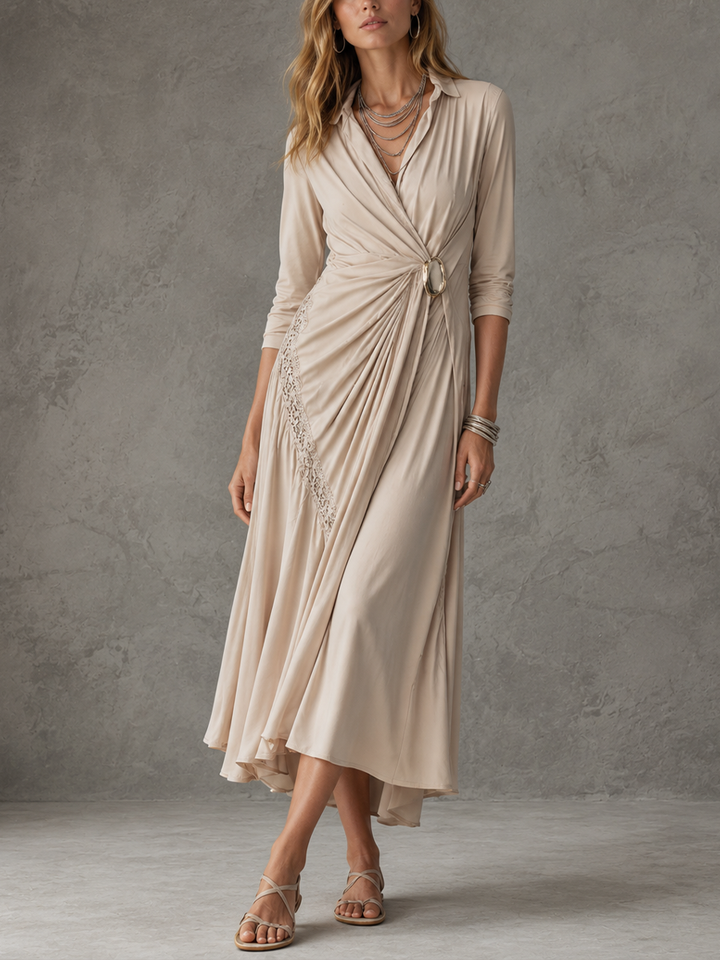 Women's Light Luxury Commuter Style Nude Knit Cotton Blend Lapel Wrap Twist Metal Buckle Lace Panel 3/4 Sleeve Midi Dress MDZ0319F7GMJ