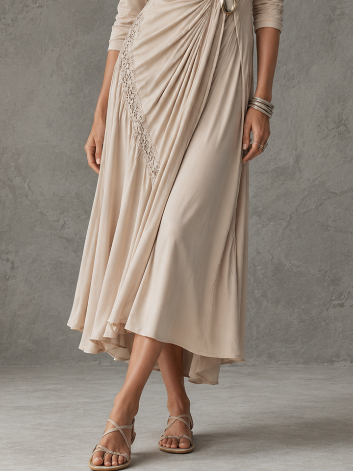 Women's Light Luxury Commuter Style Nude Knit Cotton Blend Lapel Wrap Twist Metal Buckle Lace Panel 3/4 Sleeve Midi Dress MDZ0319F7GMJ