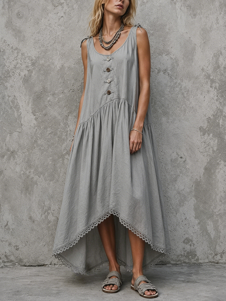 Women's Lazy Vacation Style Gray Cotton Blend Tie Shoulder Front Buttons Lace Trim Irregular Hem Midi Dress MDZ0367F0GMJ