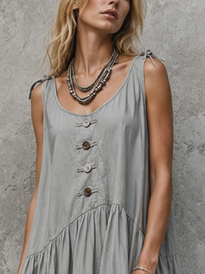Women's Lazy Vacation Style Gray Cotton Blend Tie Shoulder Front Buttons Lace Trim Irregular Hem Midi Dress MDZ0367F0GMJ