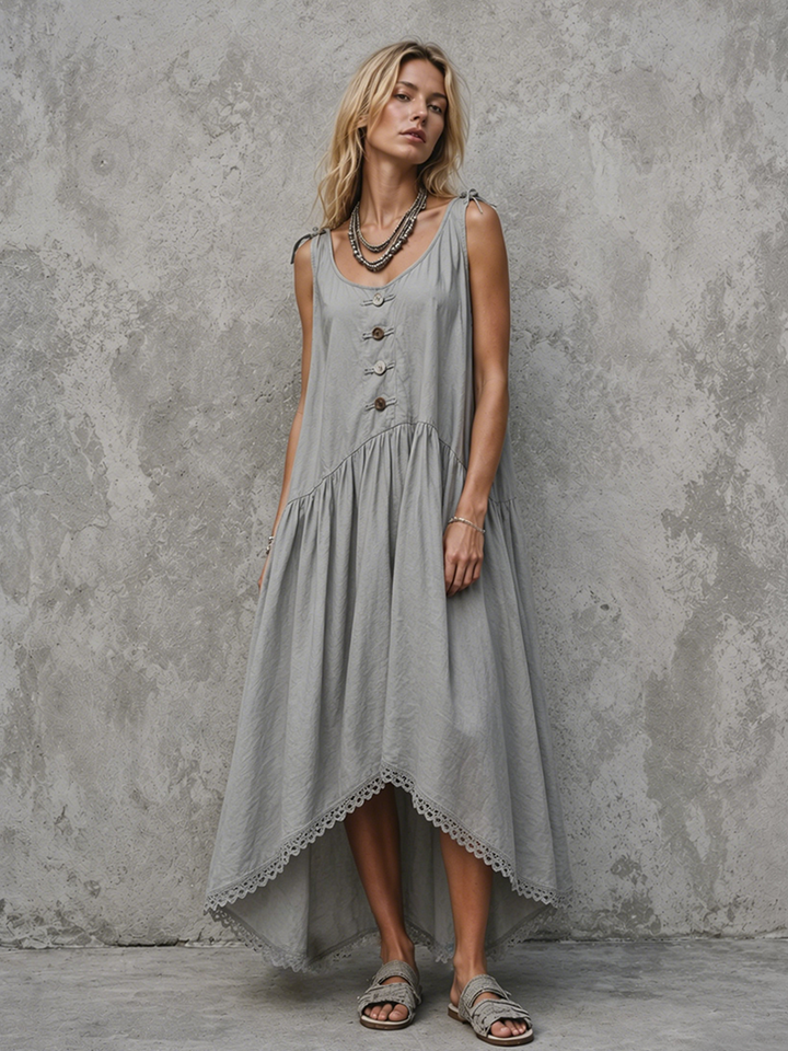 Women's Lazy Vacation Style Gray Cotton Blend Tie Shoulder Front Buttons Lace Trim Irregular Hem Midi Dress MDZ0367F0GMJ
