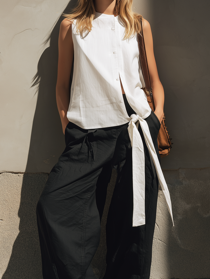 Women's Casual White Woven Sleeveless Top And Black Woven Trousers Set MDZ0451F3LXY