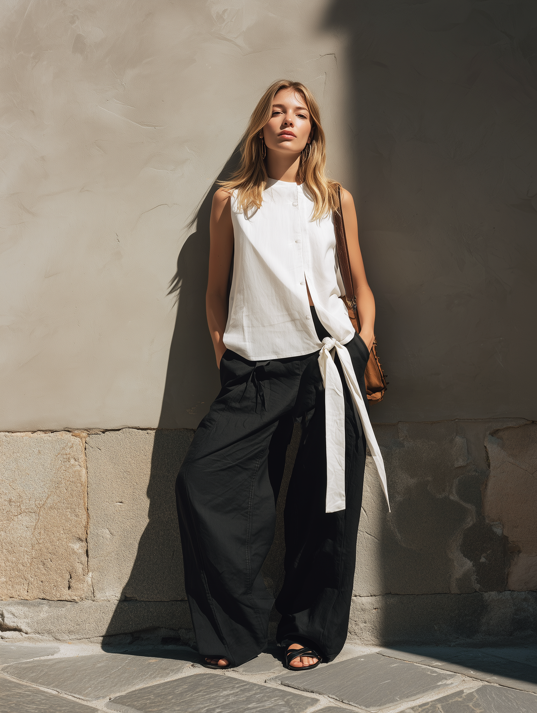 Women's Casual White Woven Sleeveless Top And Black Woven Trousers Set MDZ0451F3LXY