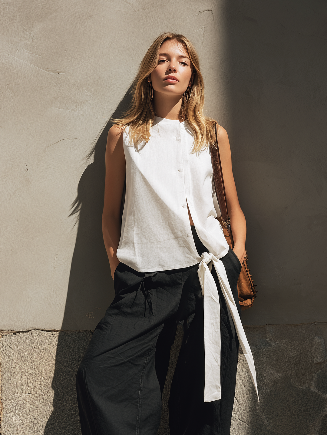 Women's Casual White Woven Sleeveless Top And Black Woven Trousers Set MDZ0451F3LXY