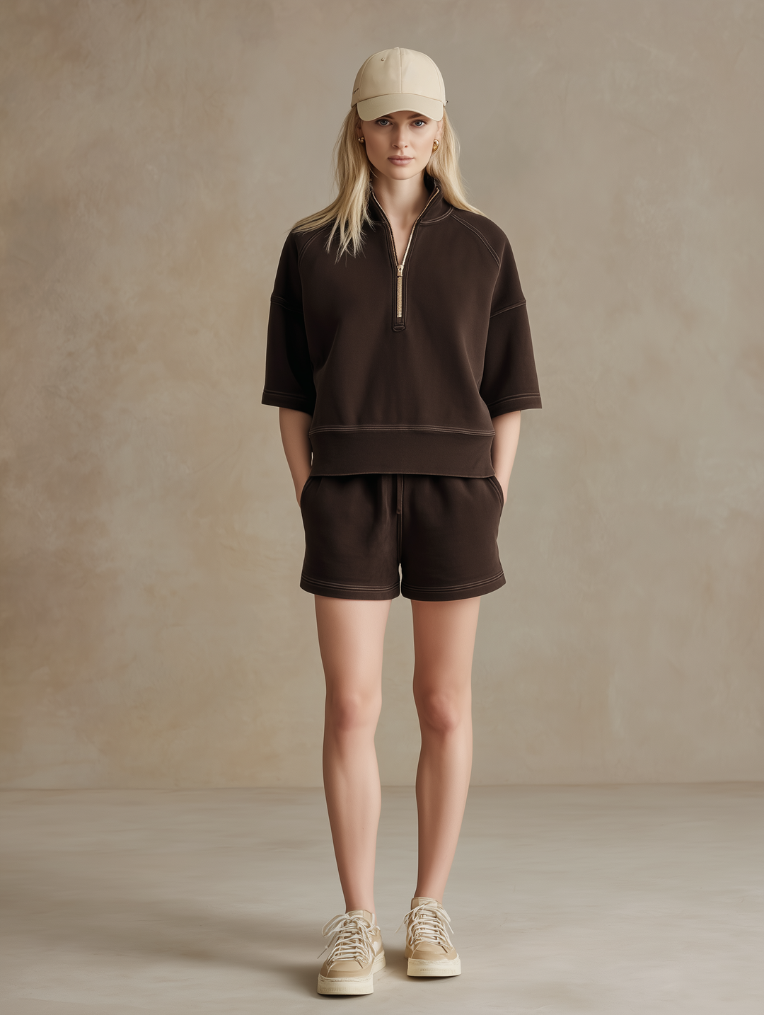Women’s Coffee Brown Half Zip Stand Collar Elbow Sleeve Sweatshirt & Drawstring Pocket Shorts Two-Piece Tracksuit Set MDZ0482F6T