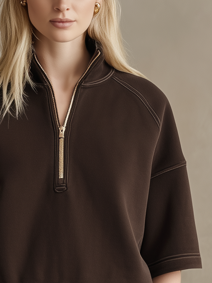 Women’s Coffee Brown Half Zip Stand Collar Elbow Sleeve Sweatshirt & Drawstring Pocket Shorts Two-Piece Tracksuit Set MDZ0482F6T