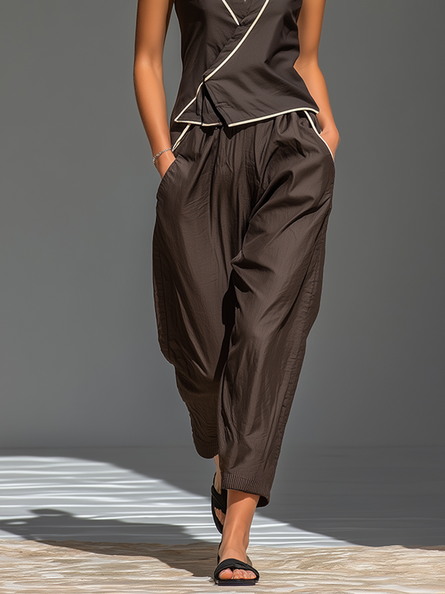 Women's Dark Brown Cotton-Blend Two-Piece Set With Contrast Piping Wrap Vest & Elastic Cuff Harem Pants, Minimalist Casual Resort Outfit MDZ0411F9LYL