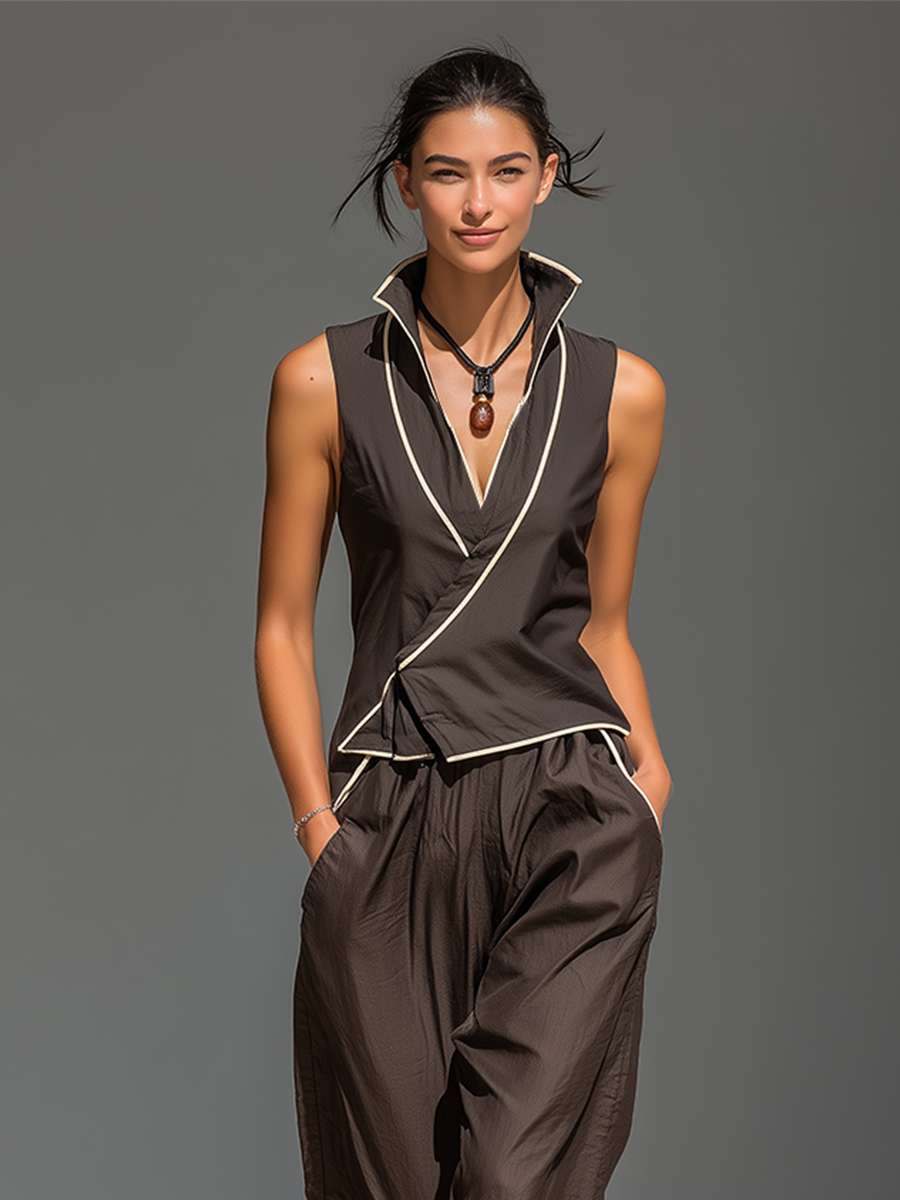 Women's Dark Brown Cotton-Blend Two-Piece Set With Contrast Piping Wrap Vest & Elastic Cuff Harem Pants, Minimalist Casual Resort Outfit MDZ0411F9LYL