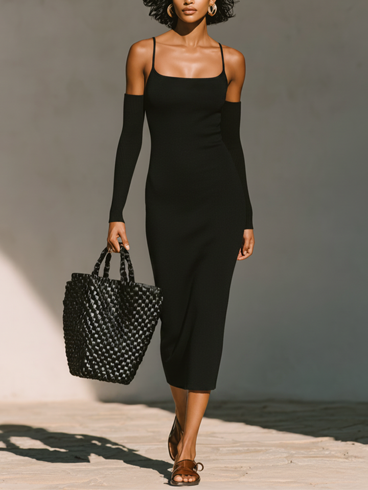 Women's Solid Black Jersey Slip Dress With Straight Square Neck & Bodycon Midi Hem, Modern Chic Daily Evening Dress (without Arm Cuffs) MDZ0437F1LYL