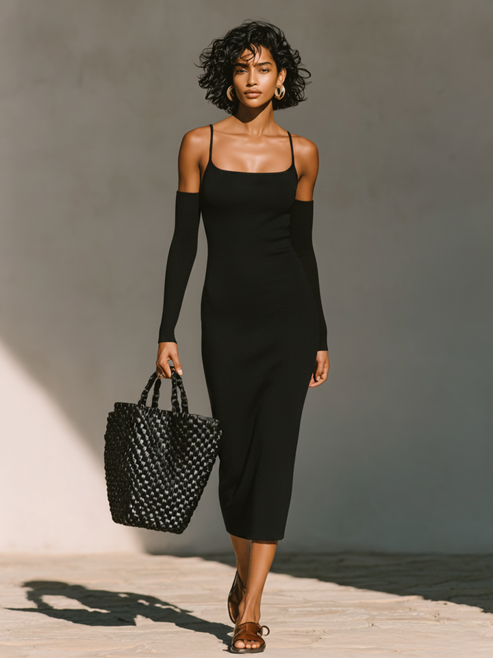 Women's Solid Black Jersey Slip Dress With Straight Square Neck & Bodycon Midi Hem, Modern Chic Daily Evening Dress (without Arm Cuffs) MDZ0437F1LYL