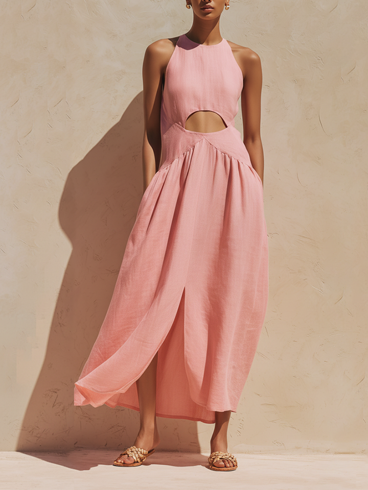 Women's Blush Pink Linen-Blend Maxi Dress With Halter Neck & Waist Cutout Detail, Minimalist Casual Resort Dress MDZ0459F0LYL