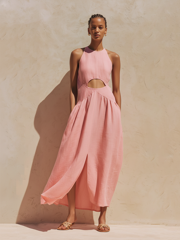 Women's Blush Pink Linen-Blend Maxi Dress With Halter Neck & Waist Cutout Detail, Minimalist Casual Resort Dress MDZ0459F0LYL
