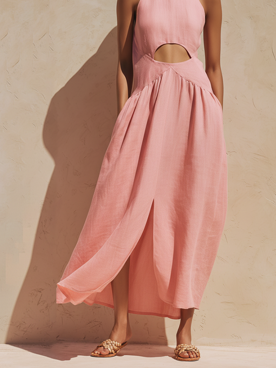 Women's Blush Pink Linen-Blend Maxi Dress With Halter Neck & Waist Cutout Detail, Minimalist Casual Resort Dress MDZ0459F0LYL
