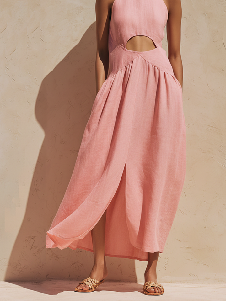 Women's Blush Pink Linen-Blend Maxi Dress With Halter Neck & Waist Cutout Detail, Minimalist Casual Resort Dress MDZ0459F0LYL