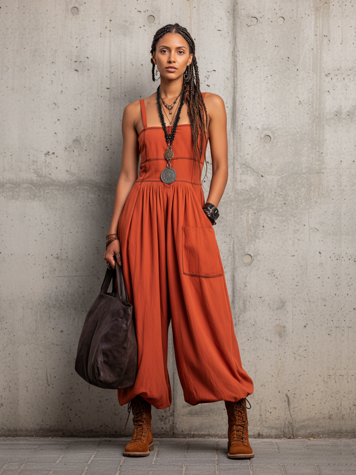 Women's Rust Orange Soft Cotton-Blend Romper With Square Neck Bib & Side Inseam Pocket, Contemporary Versatile Outdoor Jumpsuit MDZ0431F9LYL
