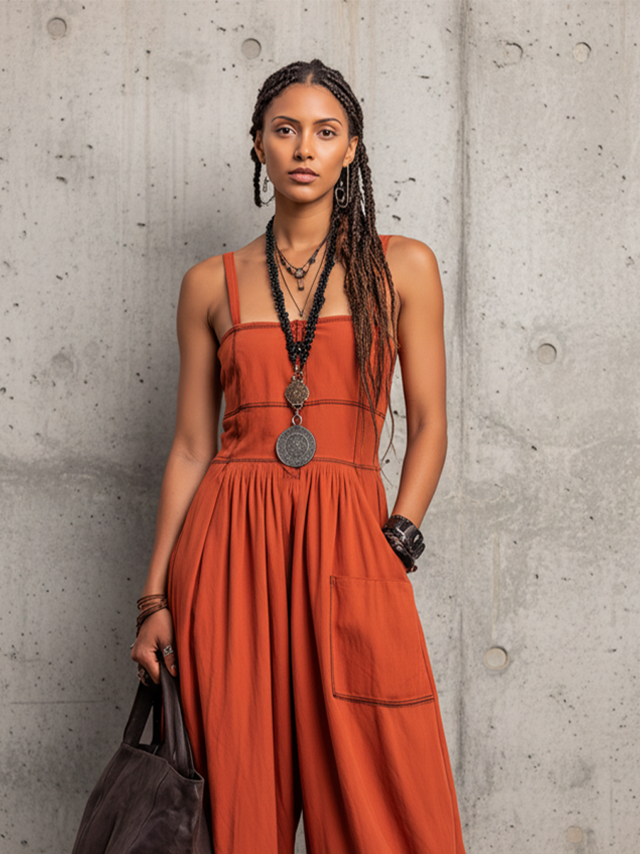 Women's Rust Orange Soft Cotton-Blend Romper With Square Neck Bib & Side Inseam Pocket, Contemporary Versatile Outdoor Jumpsuit MDZ0431F9LYL