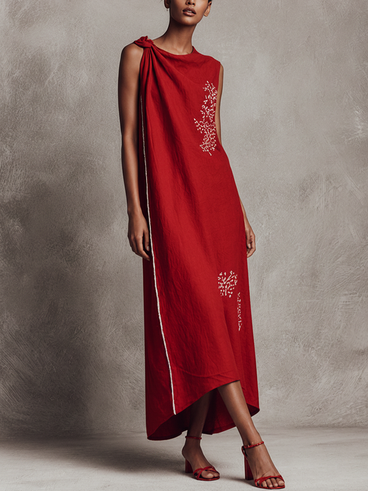 Women's Resort Style Red Cotton Linen Twisted Embroidery White Trim Maxi Dress MDZ0469F7GMJ