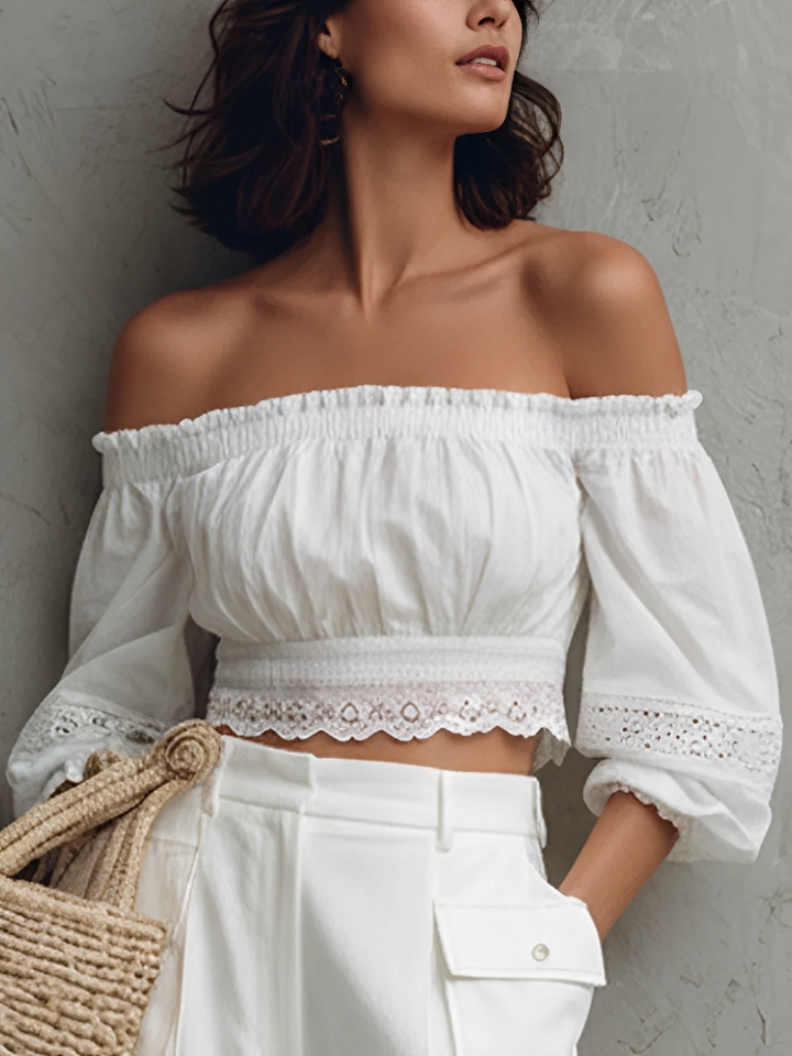 Women's French Casual Style Pure White Washed Cotton Eyelet Lace Smocked Puff Sleeve Cropped Top MDZ0206F1GMJ