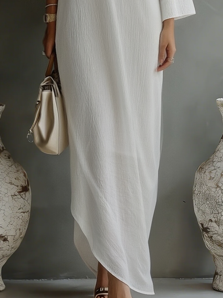 Women's Ivory White Cotton-Linen Blend One-Shoulder Flowing Elegant Dress MDA3032K4T